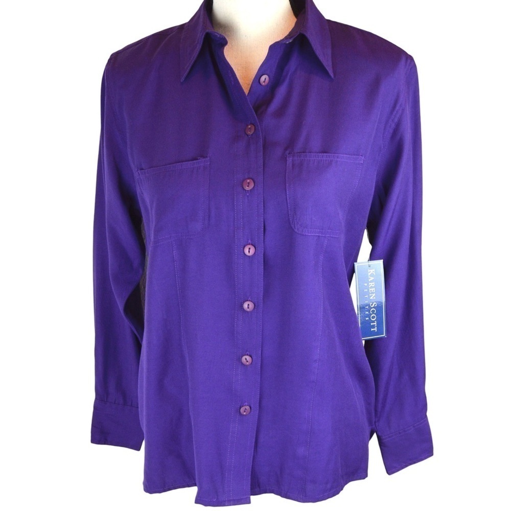 NWT Karen Scott Button‎ Down Blouse with Shoulder Pads, Size PS